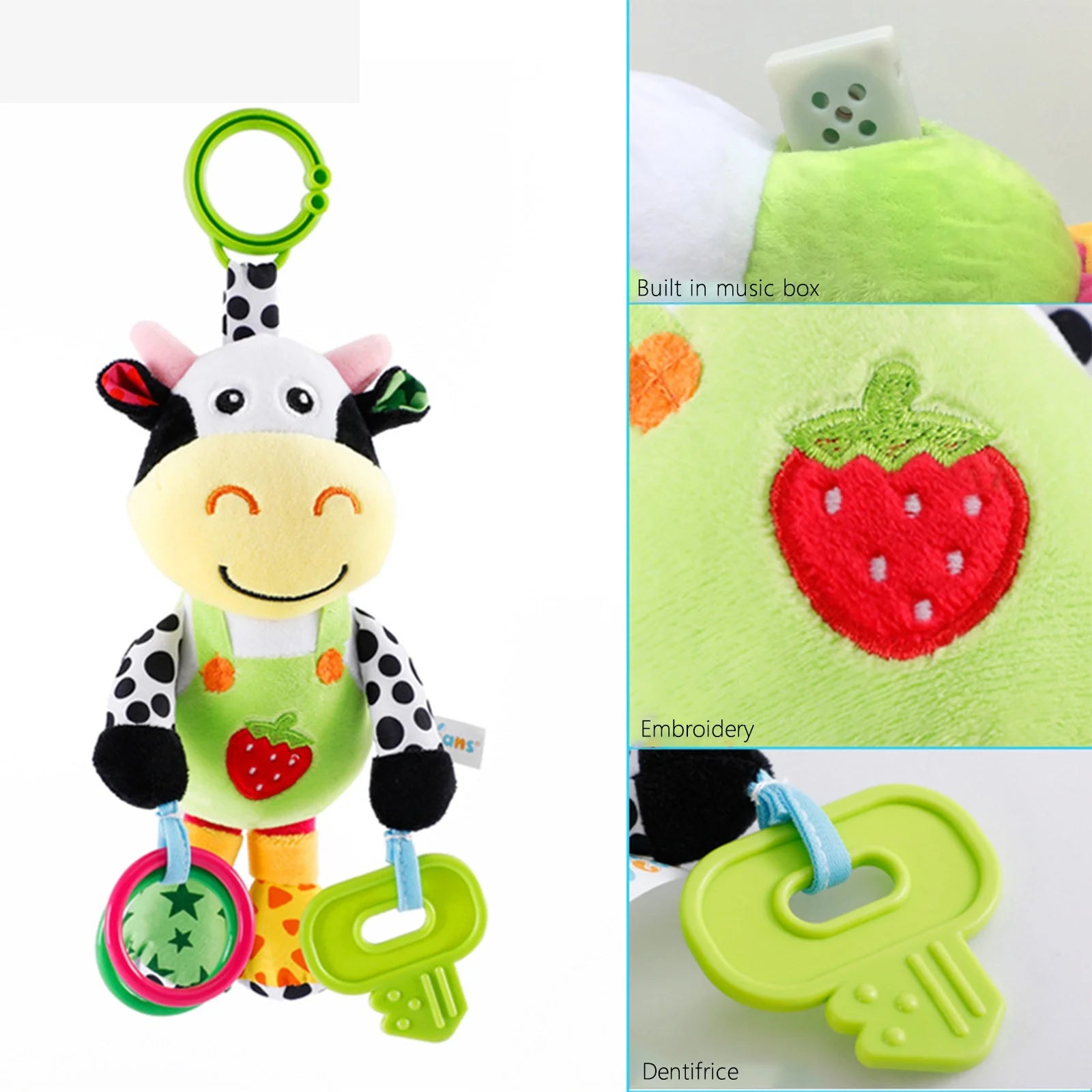 Cow Musical Baby Toys, Cow Plush Toy with 32 Music, Bells, Teether, Pull Tabs, Baby Car Seat Toys for Baby, Newborn, Infant 0-6 6-12 Months, White