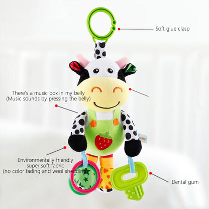 Cow Musical Baby Toys, Cow Plush Toy with 32 Music, Bells, Teether, Pull Tabs, Baby Car Seat Toys for Baby, Newborn, Infant 0-6 6-12 Months, White