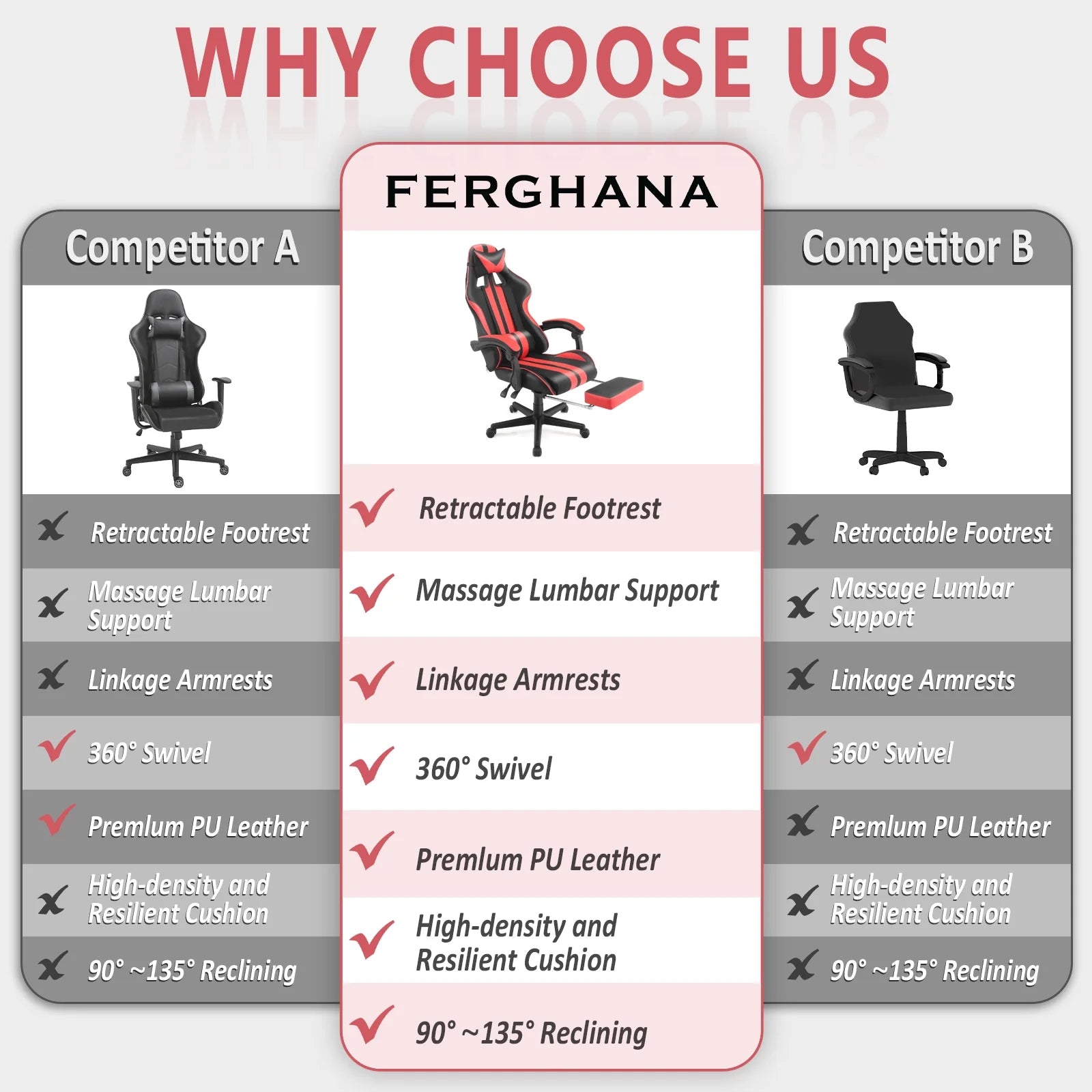Gaming Chair Massage Office Chair with Footrest, Ergonomic Swivel Gamer Chair with Lumbar Pillow & Headrest, Red