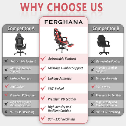 Gaming Chair Massage Office Chair with Footrest, Ergonomic Swivel Gamer Chair with Lumbar Pillow & Headrest, Red