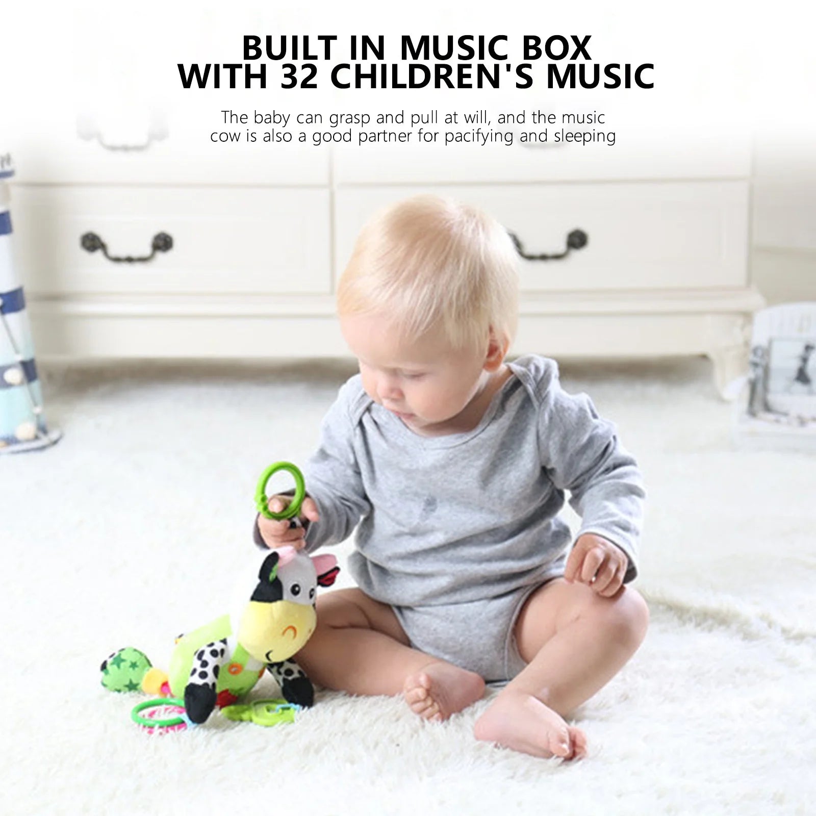Cow Musical Baby Toys, Cow Plush Toy with 32 Music, Bells, Teether, Pull Tabs, Baby Car Seat Toys for Baby, Newborn, Infant 0-6 6-12 Months, White